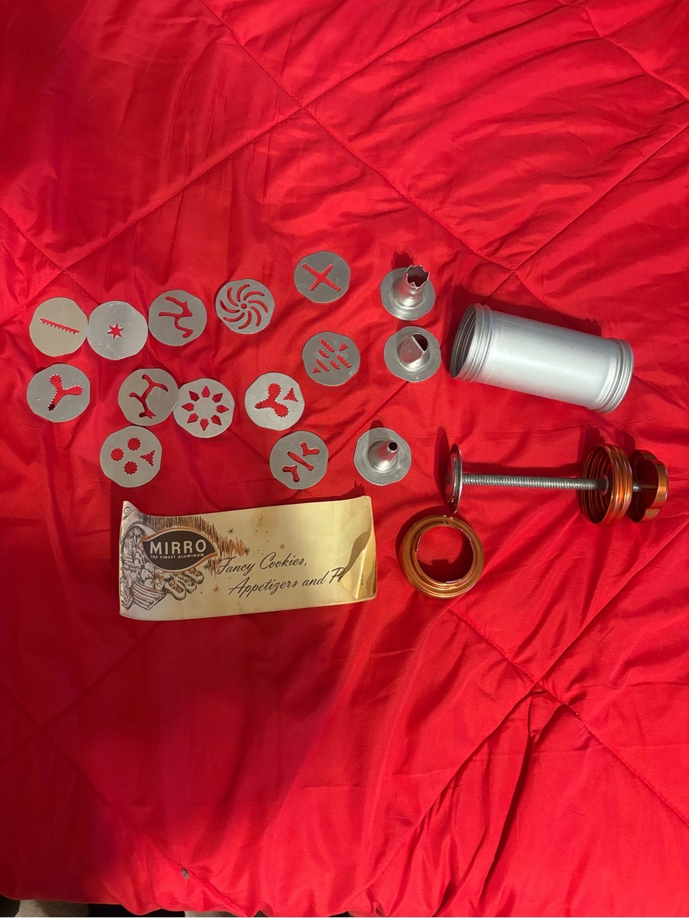 Metal Cookie Press with Red Accents and 14 Decorative Discs
